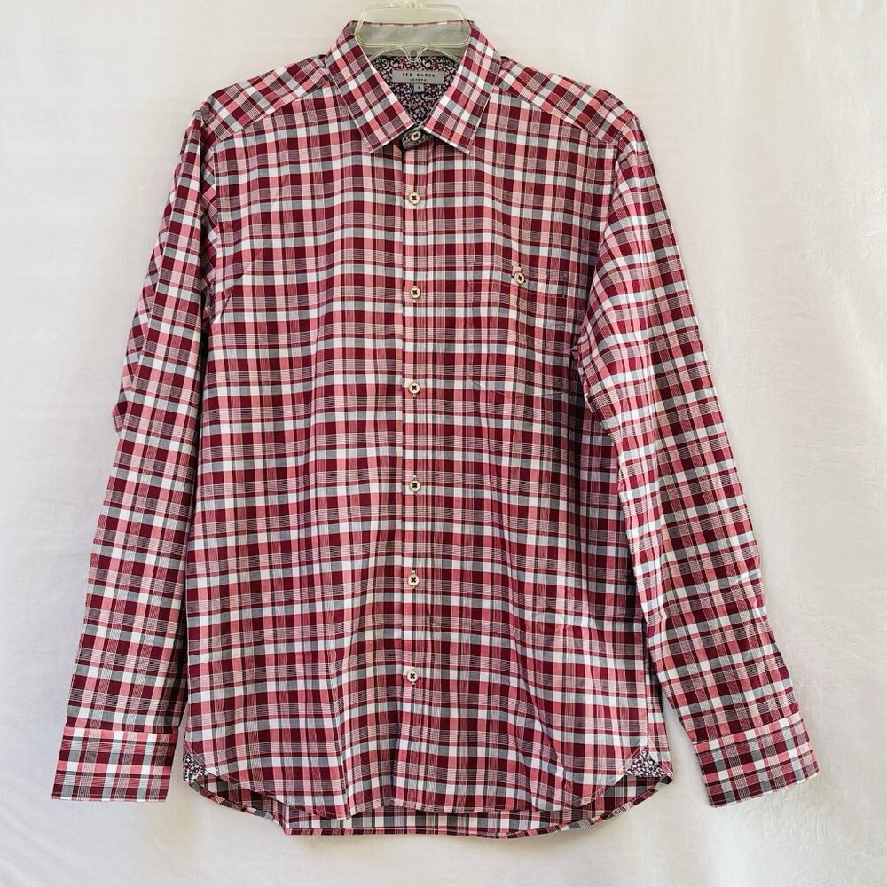 Ted Baker London Mens‎ Large Red Check Plaid Shirt Button Up Cotton Fit Wedding